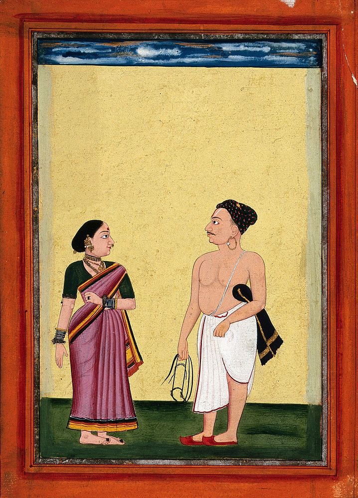 A Jain holding a harness accompanied by his wife. Gouache drawing.