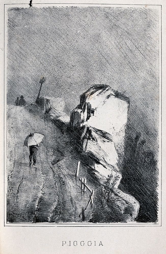 A man holding an umbrella is walking up a road in the rain. Lithograph by G. Gorra, 18--.