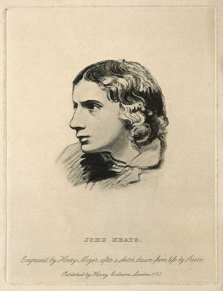 John Keats. Reproduction of stipple engraving by H. Meyer, 1828, after J. Severn, 1816.