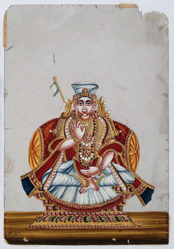 A South Indian goddess, Sri Lakshmi . Gouache painting on mica by an Indian artist.