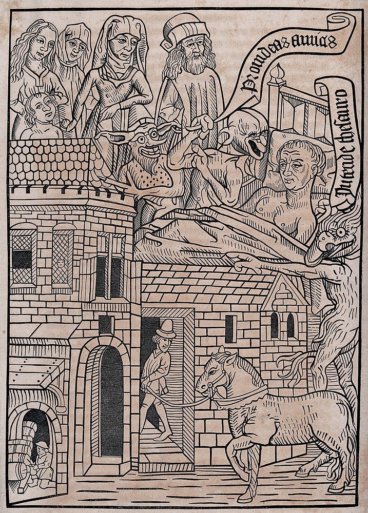 A dying man in bed being approached by demons, with house exterior below. Collotype after a woodcut.