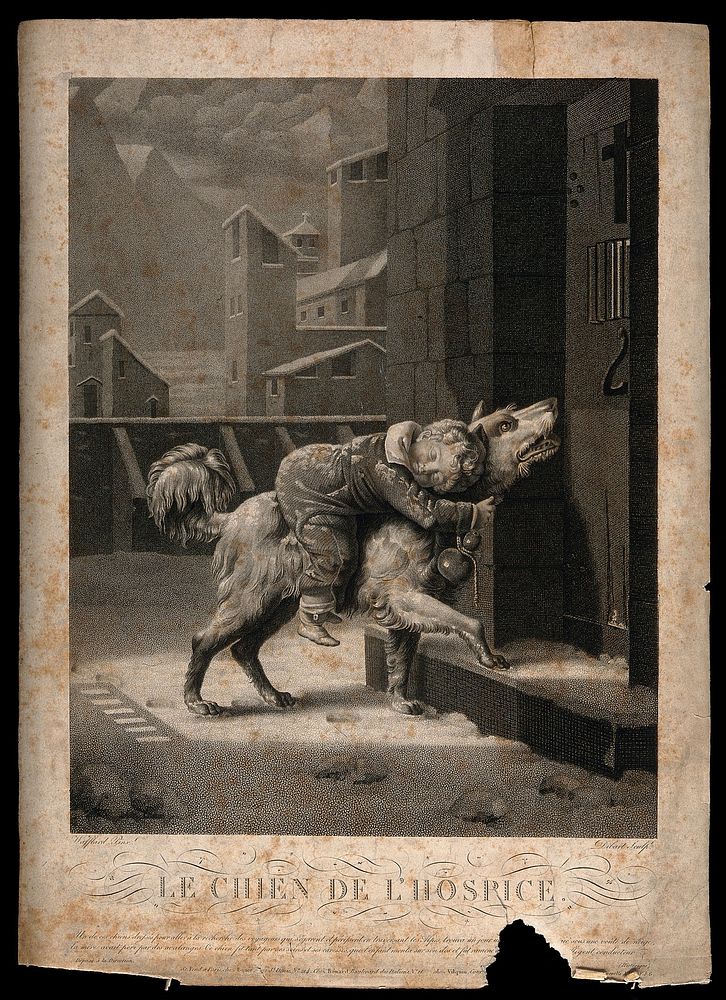 A St. Bernard dog brings an avalanche victim to a hospice in the Alps. Stipple engraving by Dibart Castel, 1820, after…