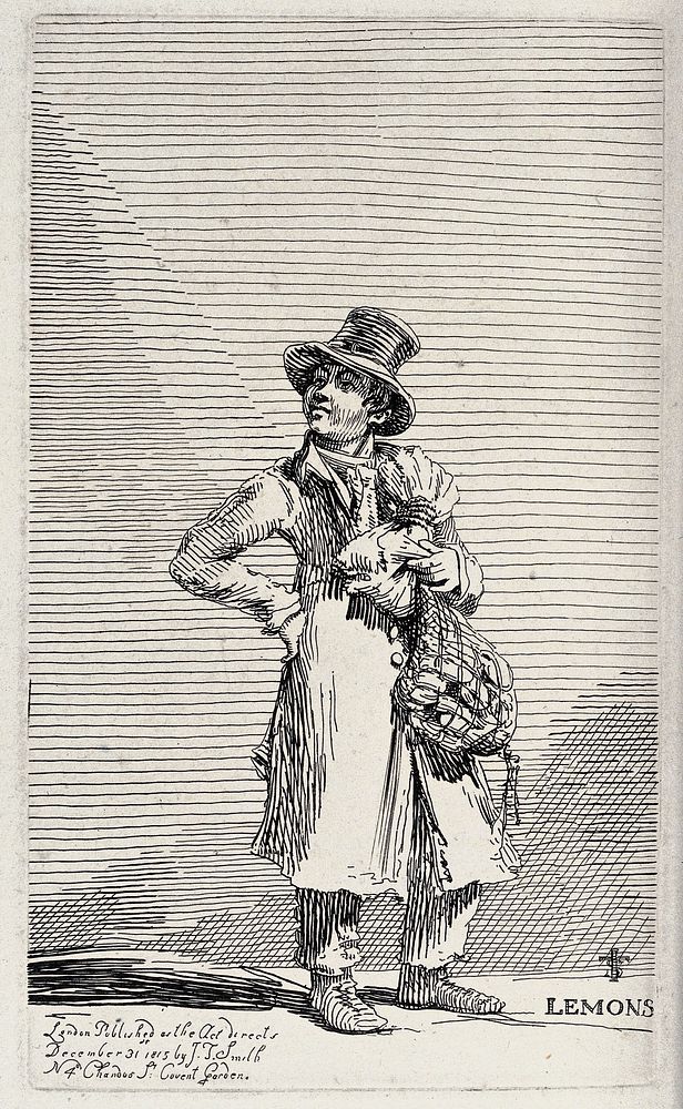 An itinerant salesman selling lemons from a bag in his left hand. Etching by J.T. Smith, 1815.
