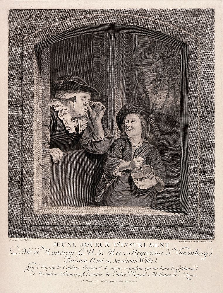 A boy plays his 'rommelpot' for an old woman as she peers through her spectacles at him. Line engraving by J.G. Wille after…
