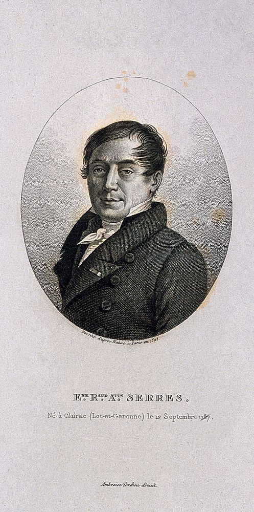 Antoine Étienne Renaud Augustin Serres. Stipple engraving by A. Tardieu, 1823, after himself.
