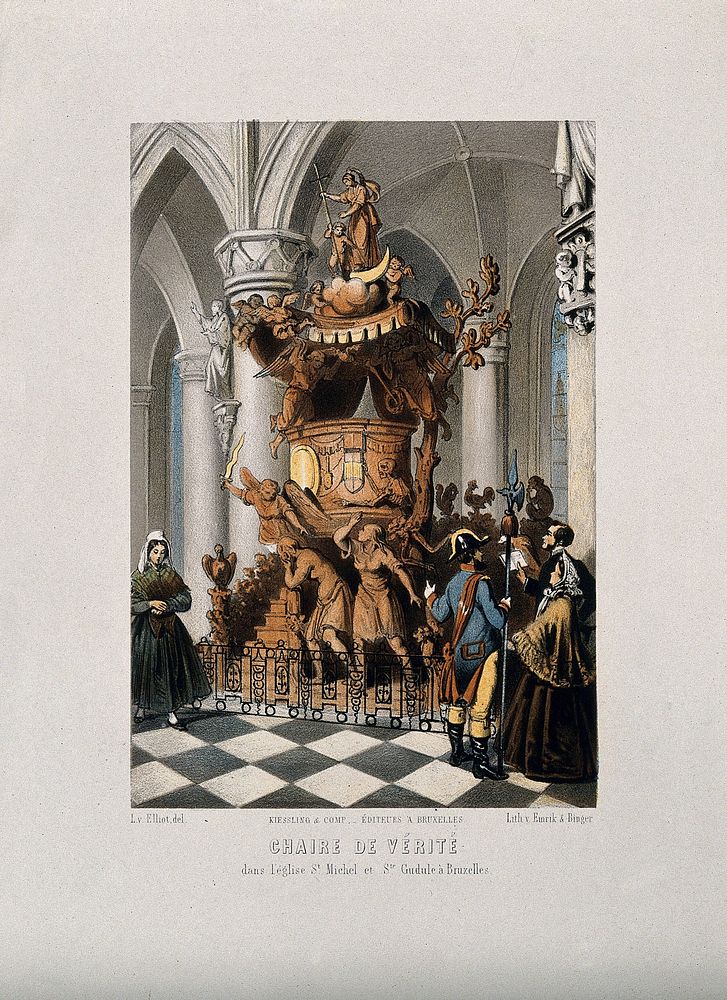 Elaborate wooden throne in church of St Michel and St Gudule in Brussels. Coloured lithograph after Elliot.
