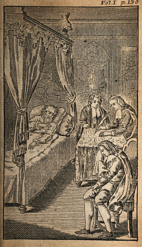 A dying man making his will to lawyers while a relative cries. Line engraving.