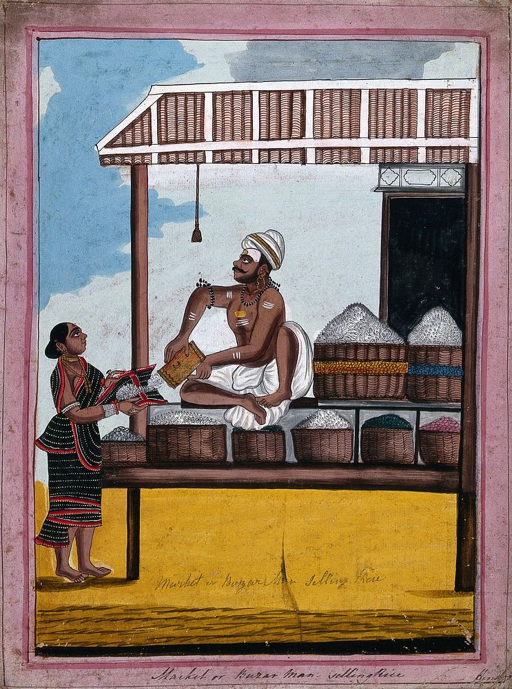 A market vendor selling rice from his store. Gouache painting.