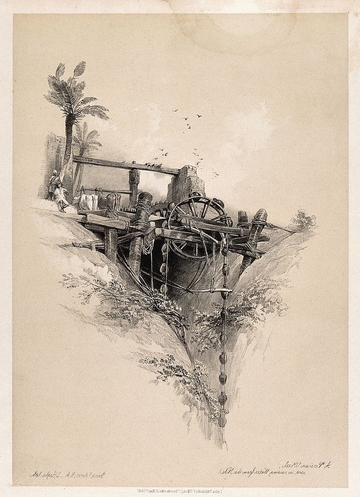 A Persian water-wheel used in raising water from the Nile. Lithograph by L. Haghe, 1847, after D. Roberts.