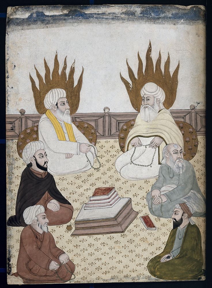 Sufi saints seated around holy scriptures. Gouache painting by an Indian painter.