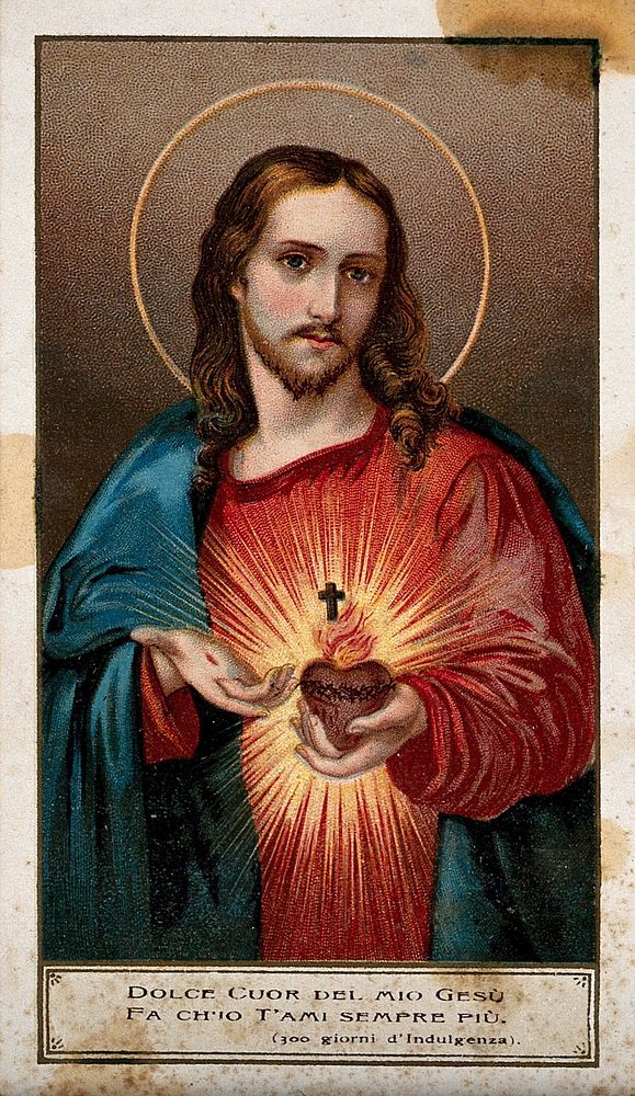 Christ presenting the Sacred Heart. Colour lithograph.