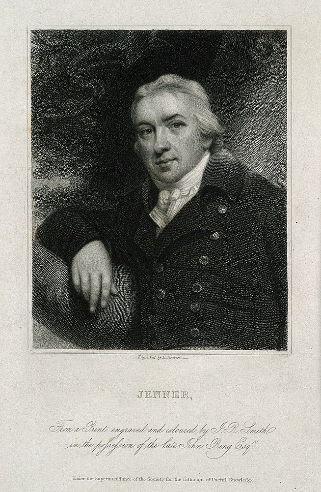Edward Jenner. Stipple engraving by E. Scriven after J. R. Smith, 1800.