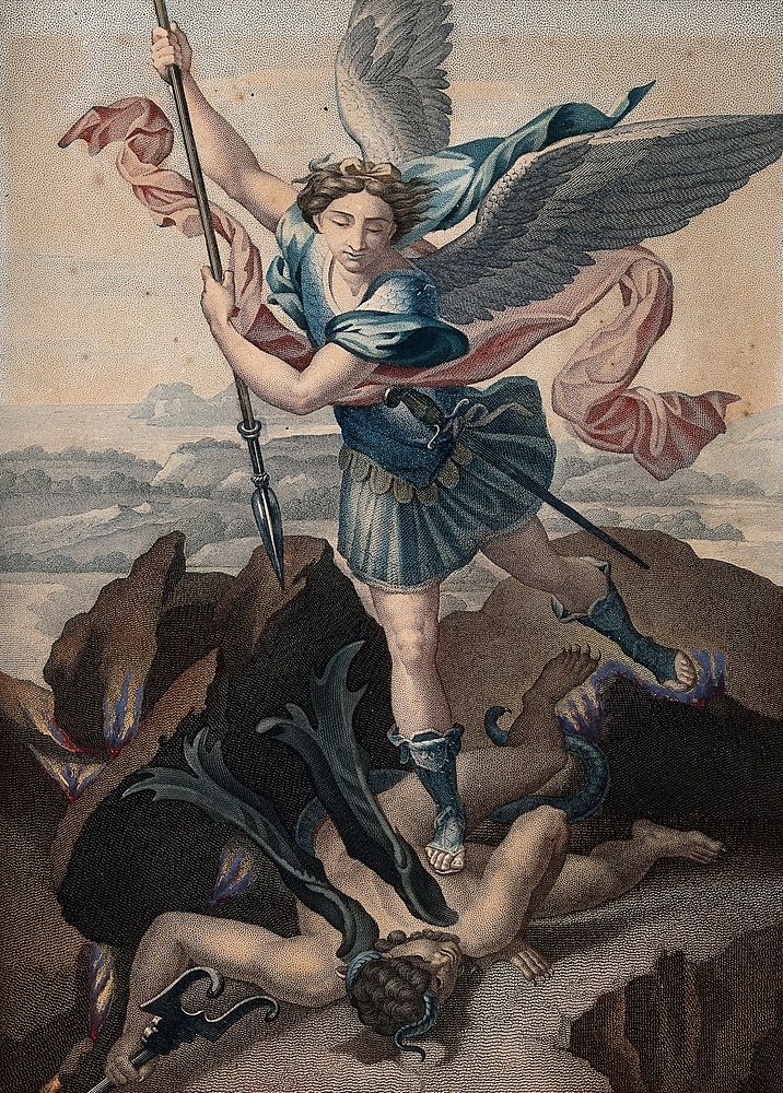 Saint Michael the Archangel. Colour stipple engraving by C.J. Pomel, 1818, after Raphael.