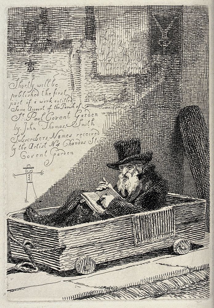An old man in a top hat sitting in a wooden cart with wheels that resembles a coffin, pointing at a passage in the book he…