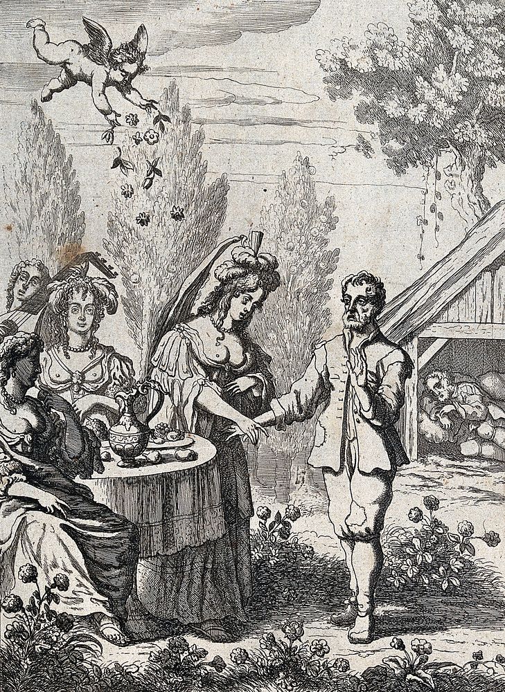 A man dressed in rags is approaching a party of young ladies and a musician with a cupid scattering flowers over them;…
