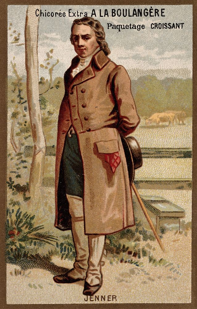 Edward Jenner, standing, a field with cows behind. Chromolithograph.