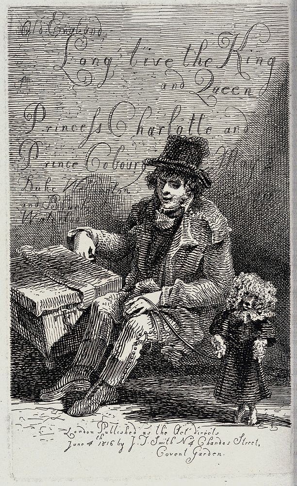 A street entertainer holding his performing poodle on a leash. Etching by J.T. Smith, 1816.