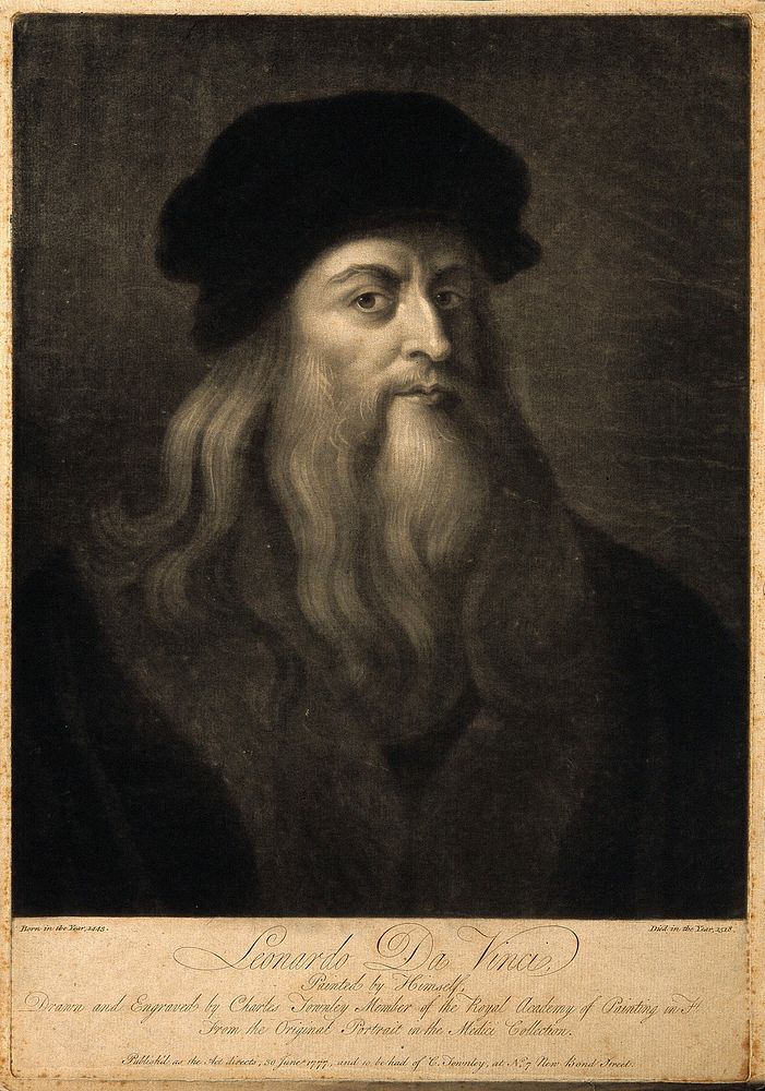 Leonardo da Vinci. Mezzotint by C. Townley, 1777, after Leonardo.