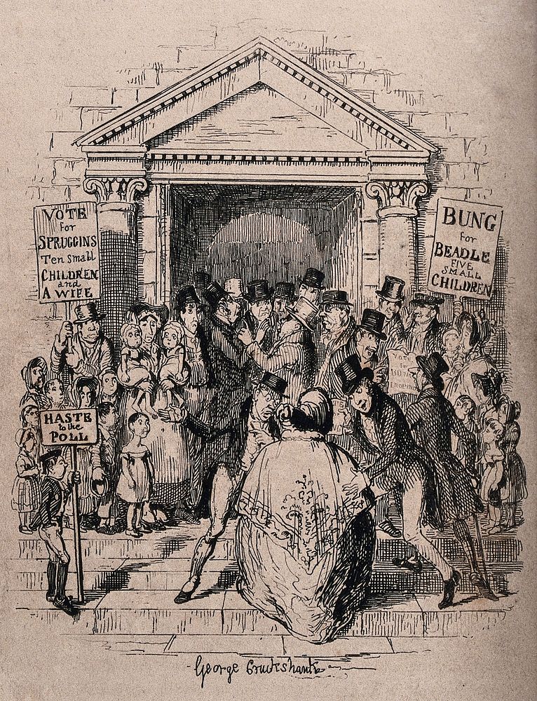 The election of a parish beadle in England: crowds thronging the entrance to the polling station, including supporters of…