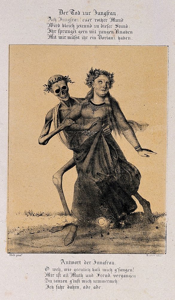 The dance of death at Basel: death and the maiden. Lithograph by G. Danzer after H. Hess.