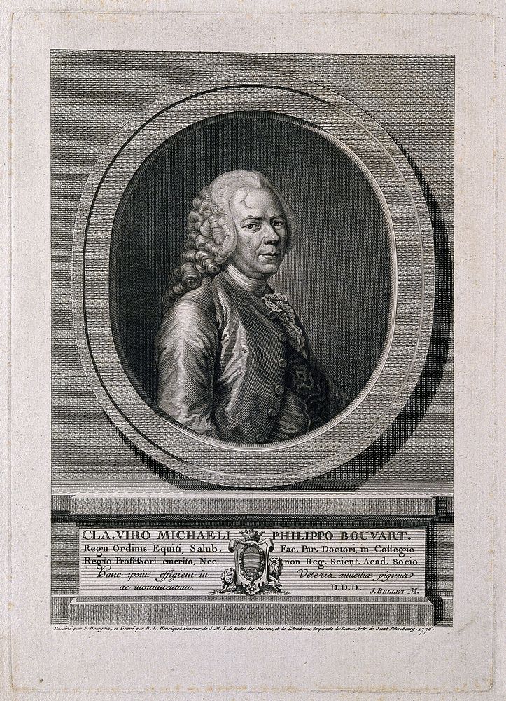Michel Philippe Bouvart. Line engraving by B. L. Henriquez, 1776 after F. Bourgoin.