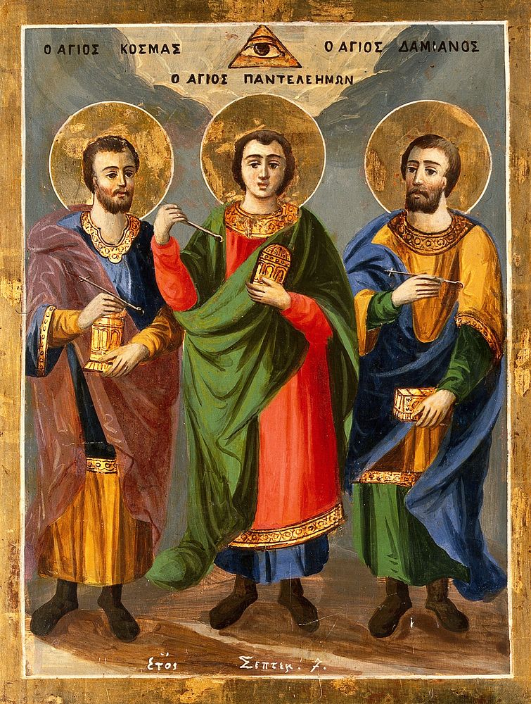 Saint Cosmas, Saint Panteleimon and Saint Damian. Tempera painting.