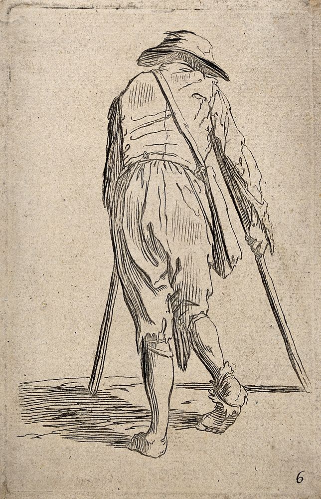 A lame beggar moving with crutches seen from behind. Etching possibly after J. Callot.