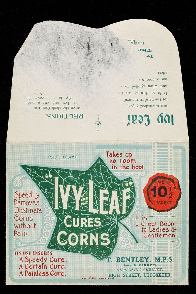 "Ivy Leaf" cures corns : speedily removes obstinate corns without pain : its use ensures a speedy cure, a certain cure, a…