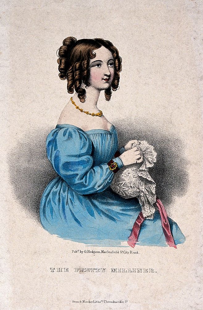 A woman is sitting sewing a piece of ribbon onto lace. Coloured lithograph.