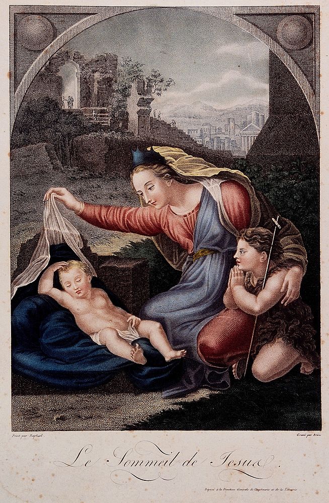 Saint Mary (the Blessed Virgin) with the Christ Child and Saint John the Baptist. Colour stipple engraving by L. Brion de la…