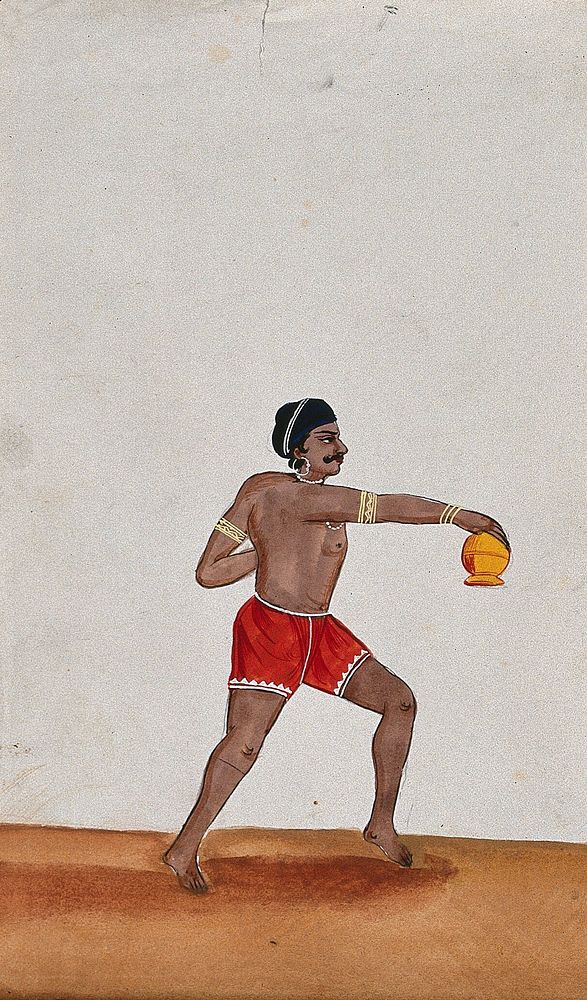 A street performer holding a small pot upside down. Watercolour by an Indian artist.