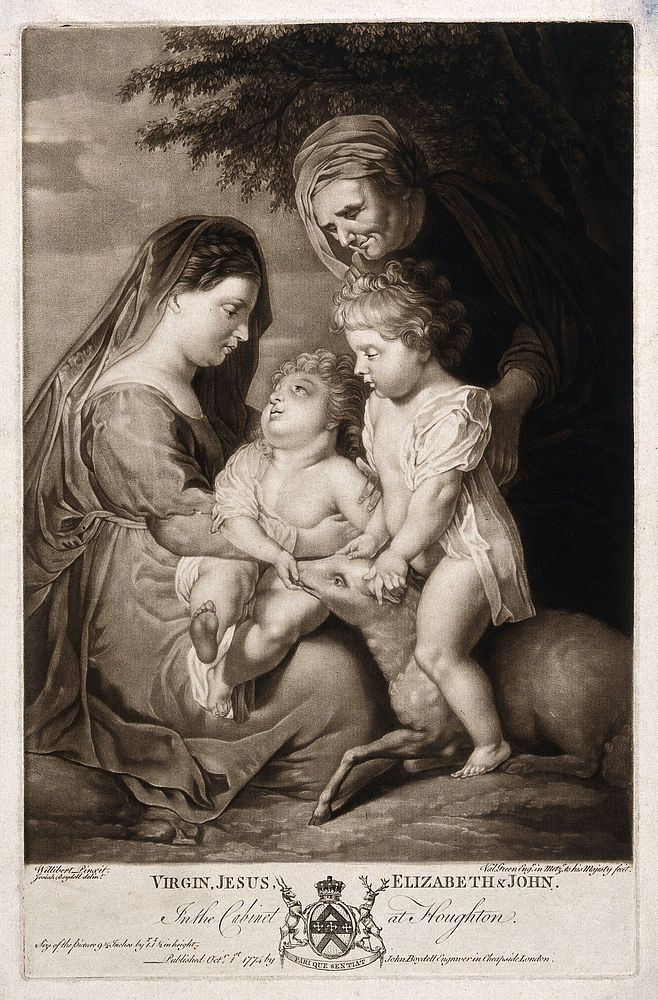 Saint Mary (the Blessed Virgin) with the Christ Child, Saint John the Baptist and Saint Elisabeth. Mezzotint by V. Green…