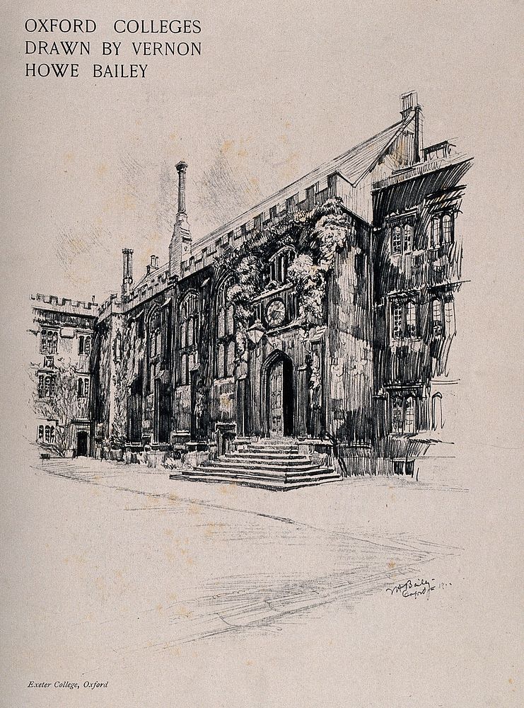 Exeter College, Oxford: main gate and clock. Process print after V.H. Bailey, 1902.