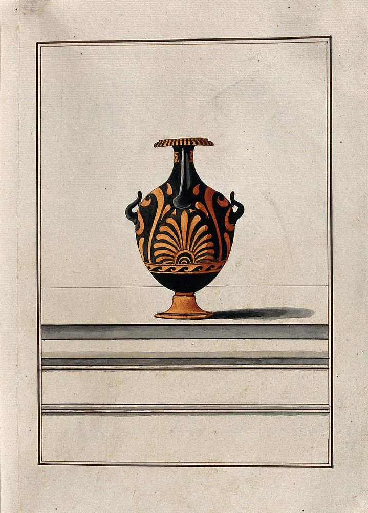 Red-figured Greek water jar (hydria) decorated with a palm motif. Watercolour by A. Dahlsteen, 176- .