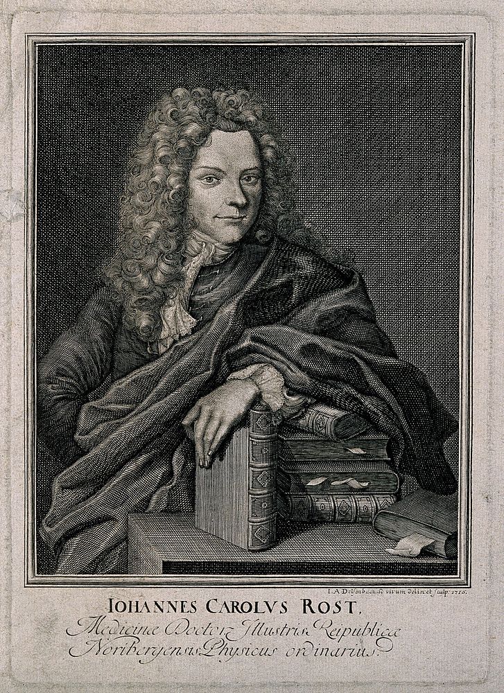 Johann Karl Rost. Line engraving by J. A. Delsenbach, 1716, after himself.