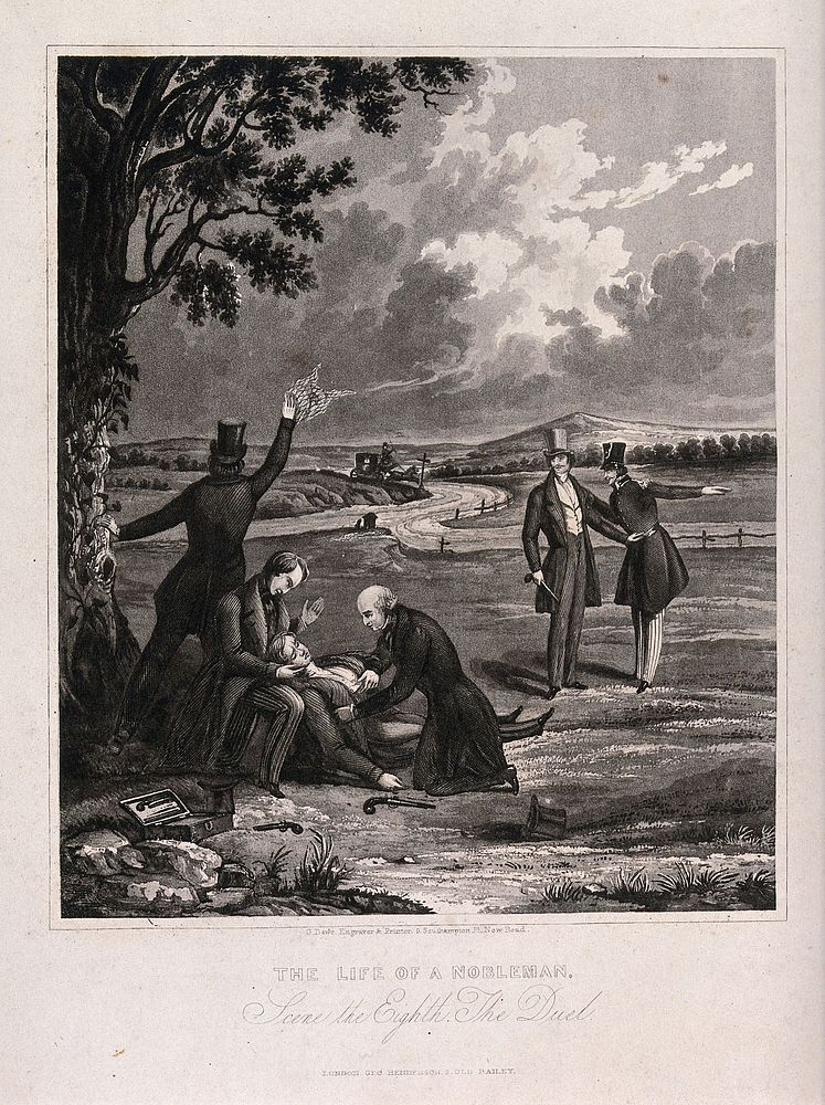 A nobleman shoots his opponent in a duel with pistols. Aquatint after H. Dawe, 184-.