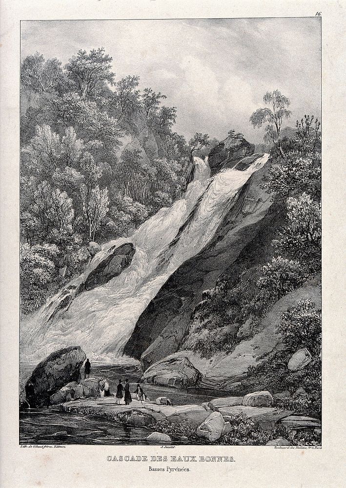 The waterfall "Cascade des Eux Bonnes" in the Pyrenees. Lithograph by J. Jacottet.