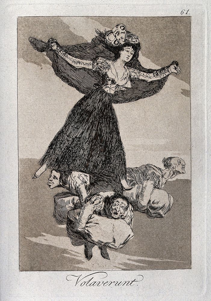 A young woman flying in the air with a butterfly on her head, surrounded by three crouching figures by her feet. Etching by…