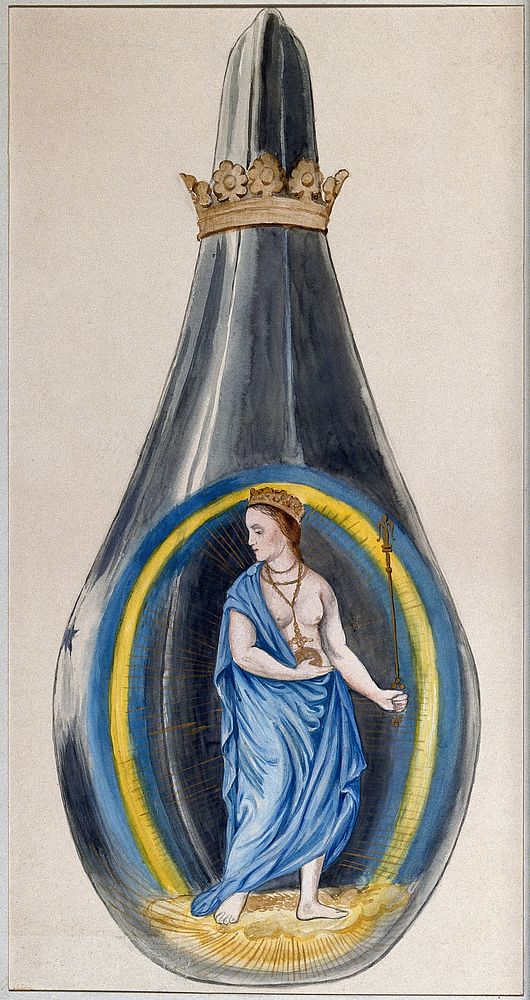 A queen dressed in blue, representing mercury, in a crowned alchemical flask. Watercolour painting by E.A. Ibbs.