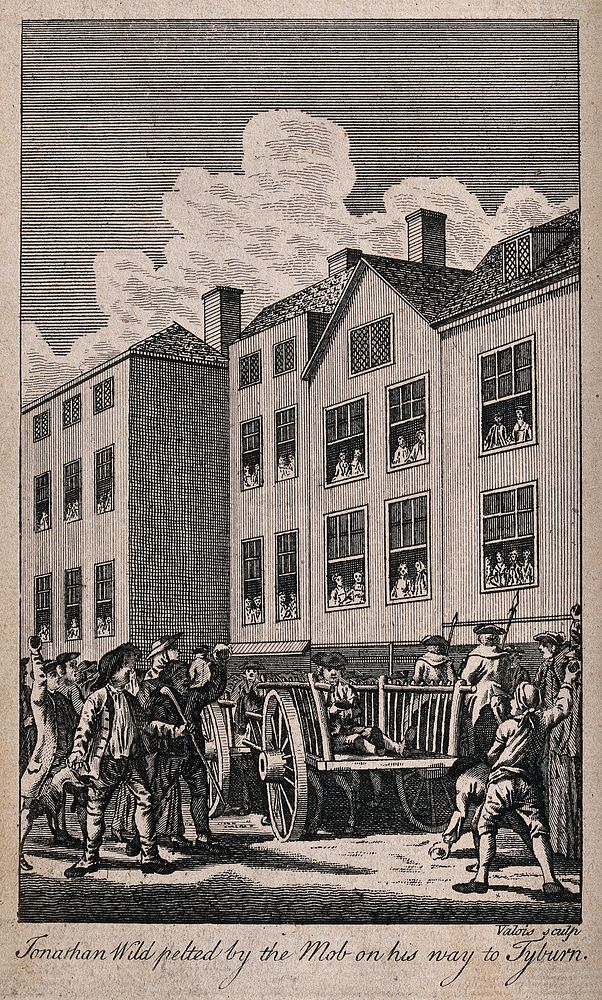 Jonathan Wild, the thief-taker, sitting on a cart, is pelted by the mob on his way to Tyburn. Engraving by Valois.