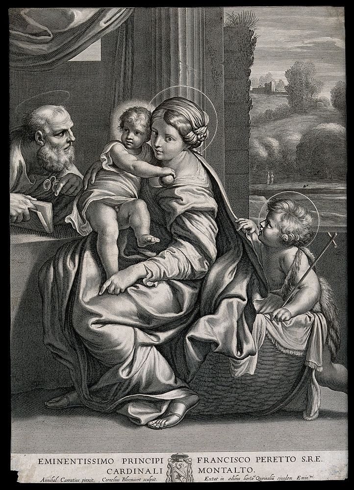 Saint Mary (the Blessed Virgin) and Saint Joseph with the Christ Child and Saint John the Baptist. Engraving by C. Bloemaert…