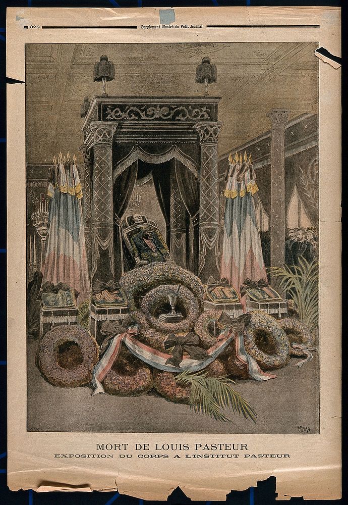 The body of Louis Pasteur lying in-state at the Institut Pasteur in Paris. Colour process print after H. Meyer, 1895.