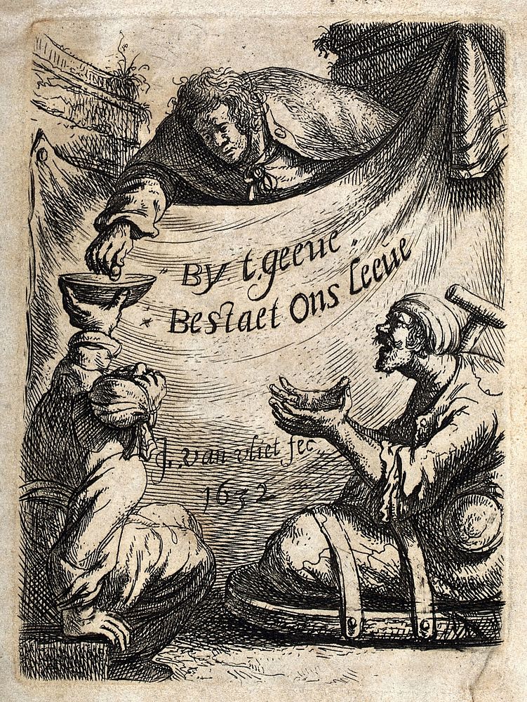 A gentleman giving alms to two lame beggars by leaning over an inscribed banner. Etching by Jan Georg van der Vliet, 1632.