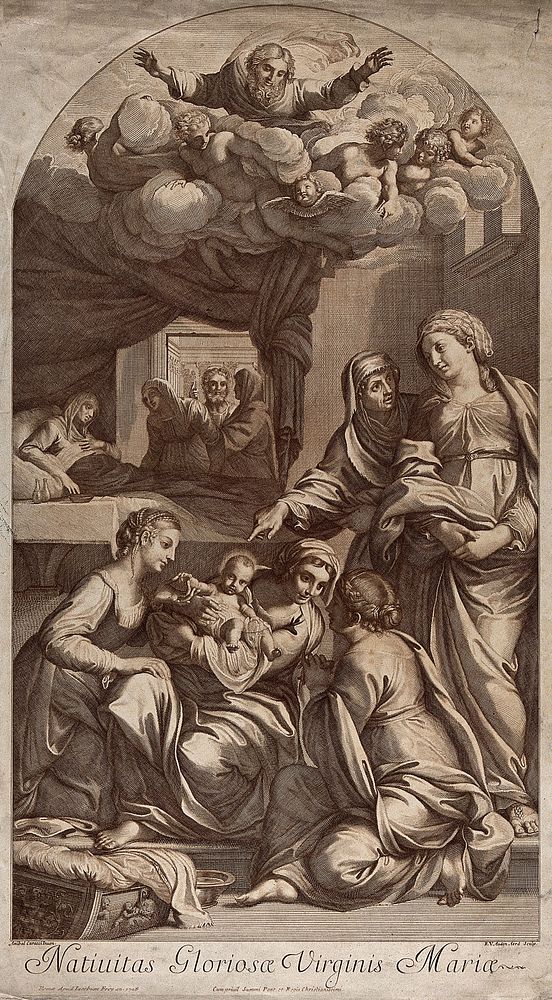 The birth of the Virgin Mary. Engraving by R. Van Audenaerd after A. Carracci.