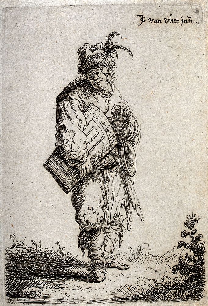 An old man in ragged clothes and a feathery fur cap playing the hurdy gurdy. Etching by Jan Georg van der Vliet, c. 1632.