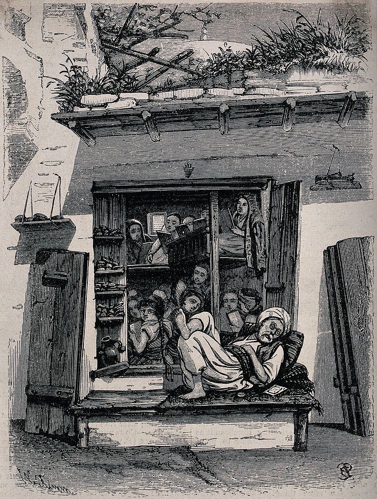 A tumbled-down schoolhouse with children reading and an old man asleep on the window ledge. Wood engraving by W. Timms.