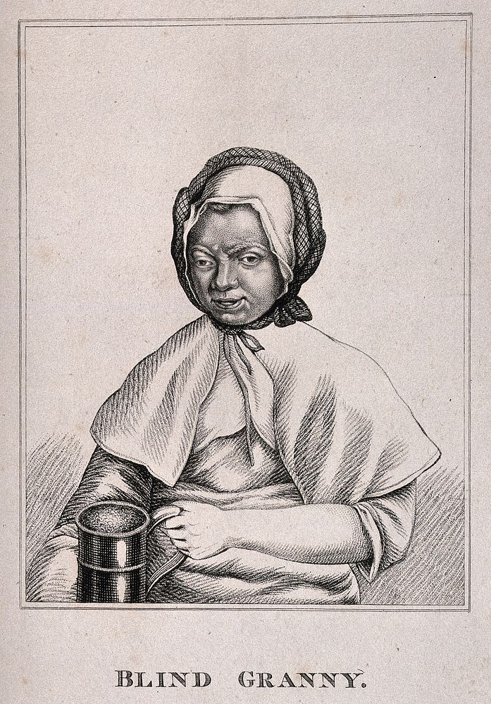 "Blind Granny" holding a tankard of beer. Stipple engraving.