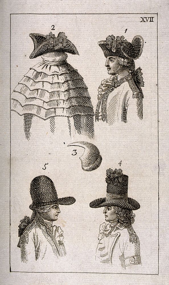 Five illustrations showing different styles of hats and wigs. Etching.