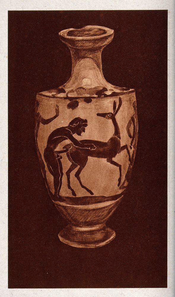 A vase decorated with paintings of men with animals. Process print, 1921.