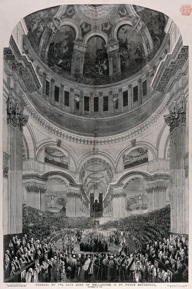 The funeral of the Duke of Wellington in St. Paul's Cathedral in 1852. Wood engraving by J.L. Williams, 1852.